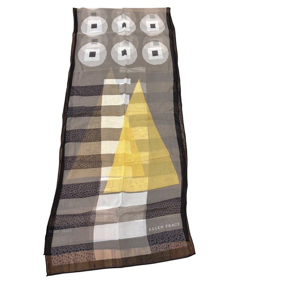 Ellen Tracy 100% Silk Scarf Geometric Abstract Grey Yellow Black Rectangular